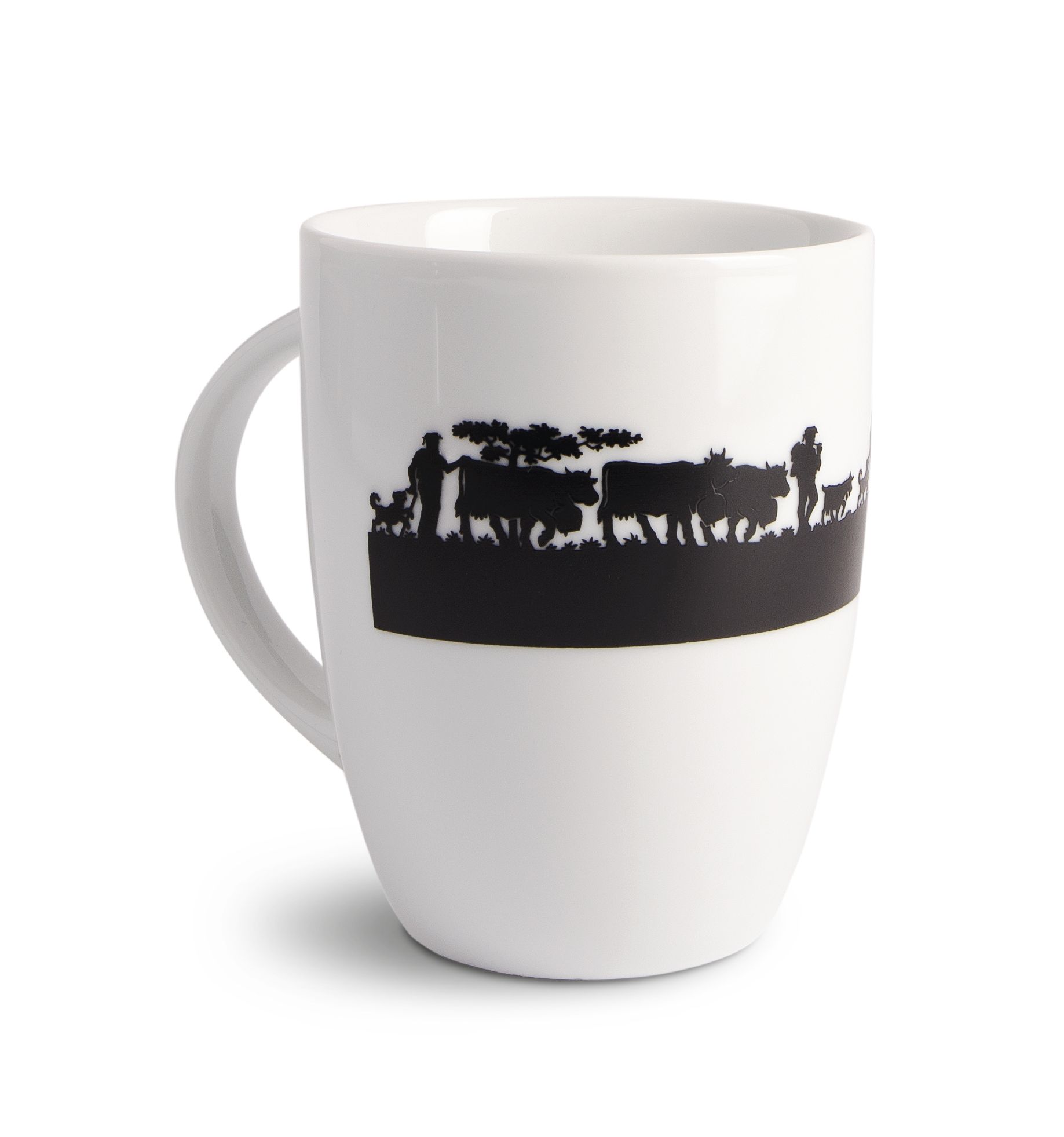 Eine weiße Kaffeetasse mit einer schwarzen Kuhsilhouette darauf