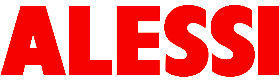 Das Wort Alessi ist in rot auf weißem Hintergrund geschrieben