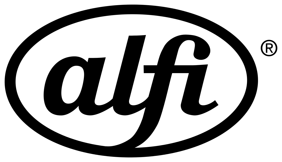 Ein schwarz-weißes Logo für ein Unternehmen namens Alfi.