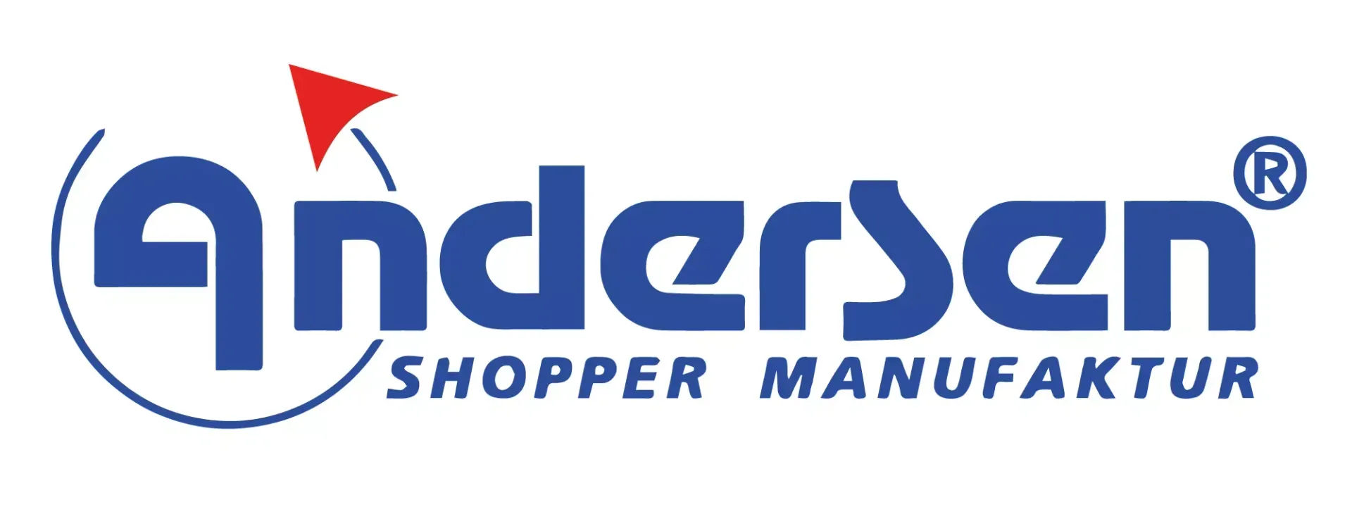Ein blau-weißes Logo für Andersen Shopper Manufaktur