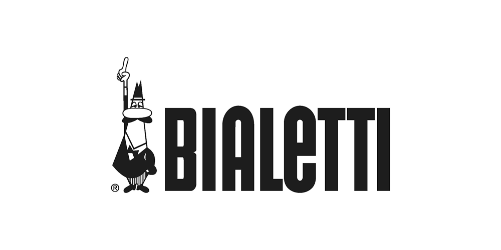 Ein schwarz-weißes Logo für Bialetti mit einem Mann mit Hut.