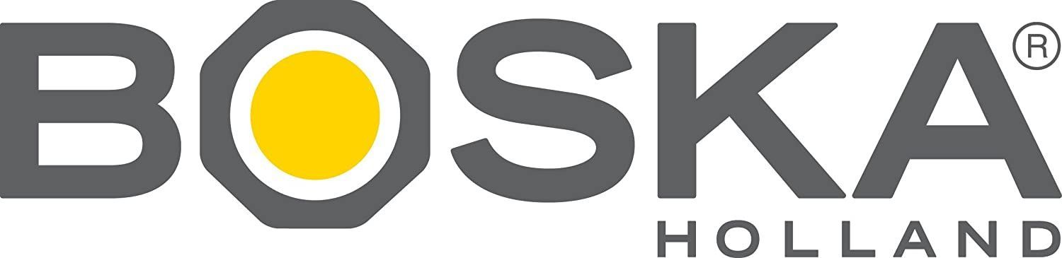 Ein Logo für Boska Holland mit einem gelben Kreis in der Mitte.