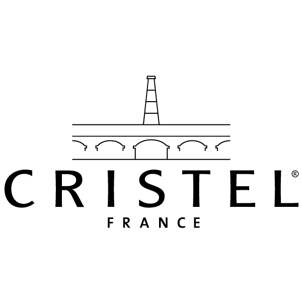 Ein schwarzweißes Logo für Cristel France mit einer Brücke im Hintergrund.