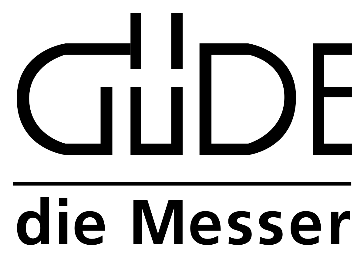 Ein schwarzweißes Logo für Guide Die Messer auf weißem Hintergrund.