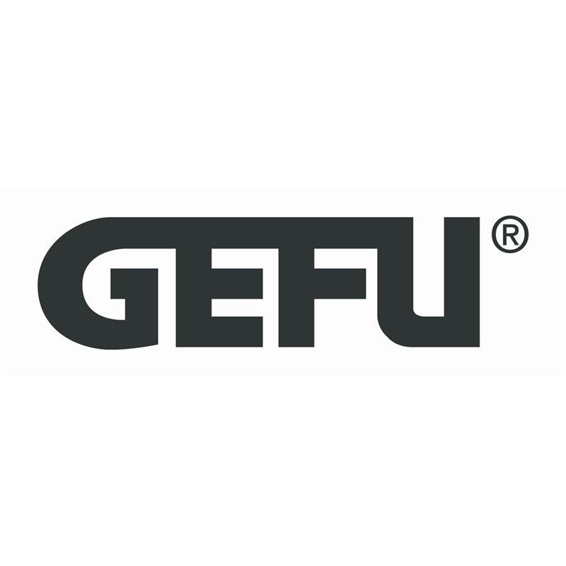 Ein schwarzweißes Logo von Gefu auf weißem Hintergrund.