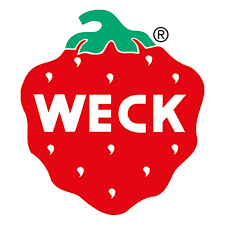 Eine Erdbeere mit dem Wort Weck darauf