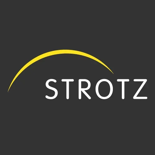 Ein Logo für Strotz mit einer gelben Kurve auf schwarzem Hintergrund