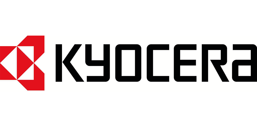 Ein Kyocera-Logo mit einem roten und schwarzen Dreieck auf weißem Hintergrund.