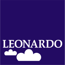 Ein Leonardo-Logo mit zwei weißen Wolken auf blauem Hintergrund