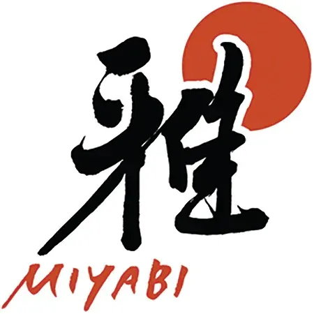 Ein Miyabi-Logo mit einer roten Sonne im Hintergrund
