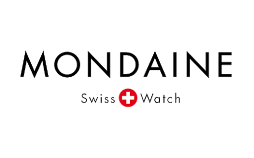 Das Logo der Schweizer Uhr Mondaine befindet sich auf einem weißen Hintergrund.