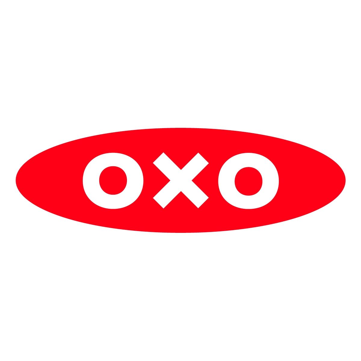 Ein rot-weißes Oxo-Logo auf weißem Hintergrund