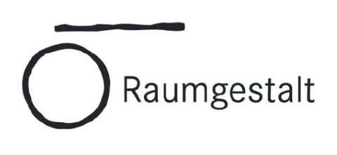 Ein schwarz-weißes Logo für raumgestaltet mit einem Kreis und einer Linie.