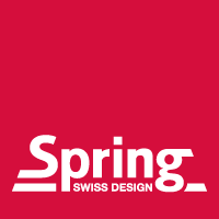Das Spring Swiss Design Logo befindet sich auf rotem Hintergrund