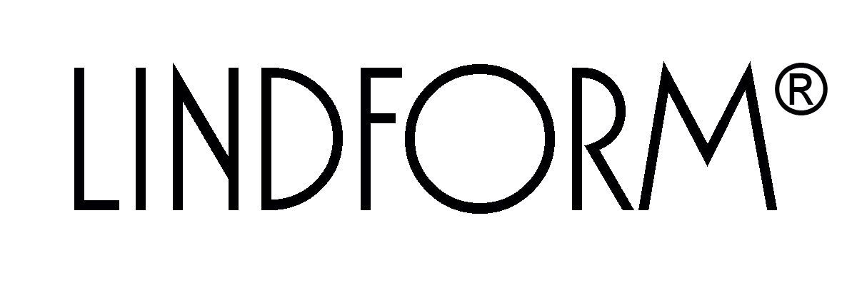 Ein schwarzweißes Logo für Lindform auf weißem Hintergrund.