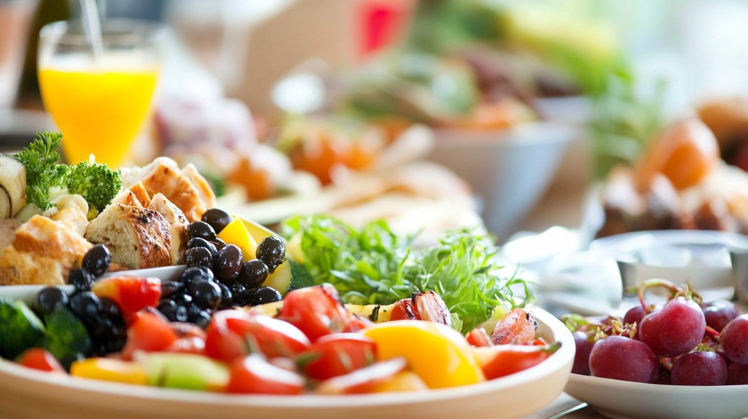 Hay un bol de frutas y verduras en la mesa.
