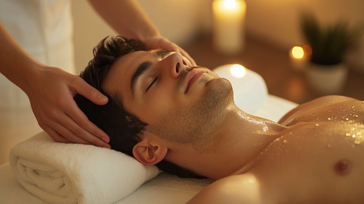 Un hombre está recibiendo un masaje de cabeza en un spa.