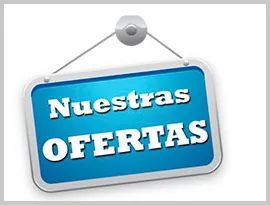 Un cartel azul que dice nuestras ofertas.