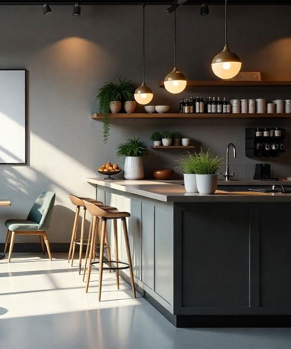 Una cocina con una gran isla, taburetes, estantes y un fregadero.