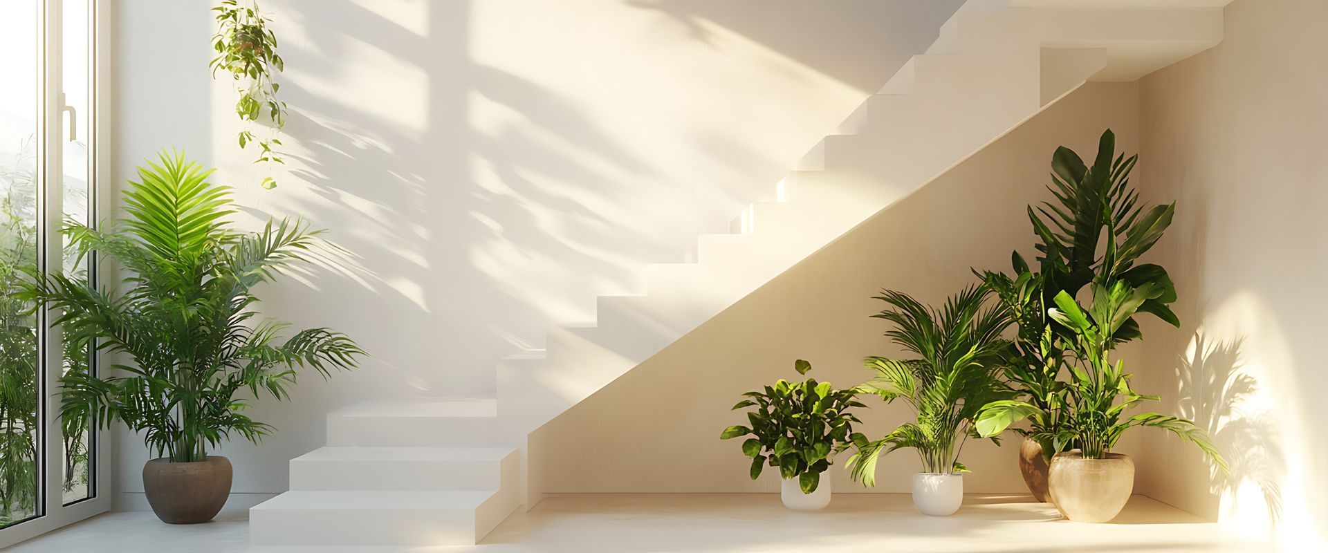 Una sala de estar con sofá, mesa y plantas.