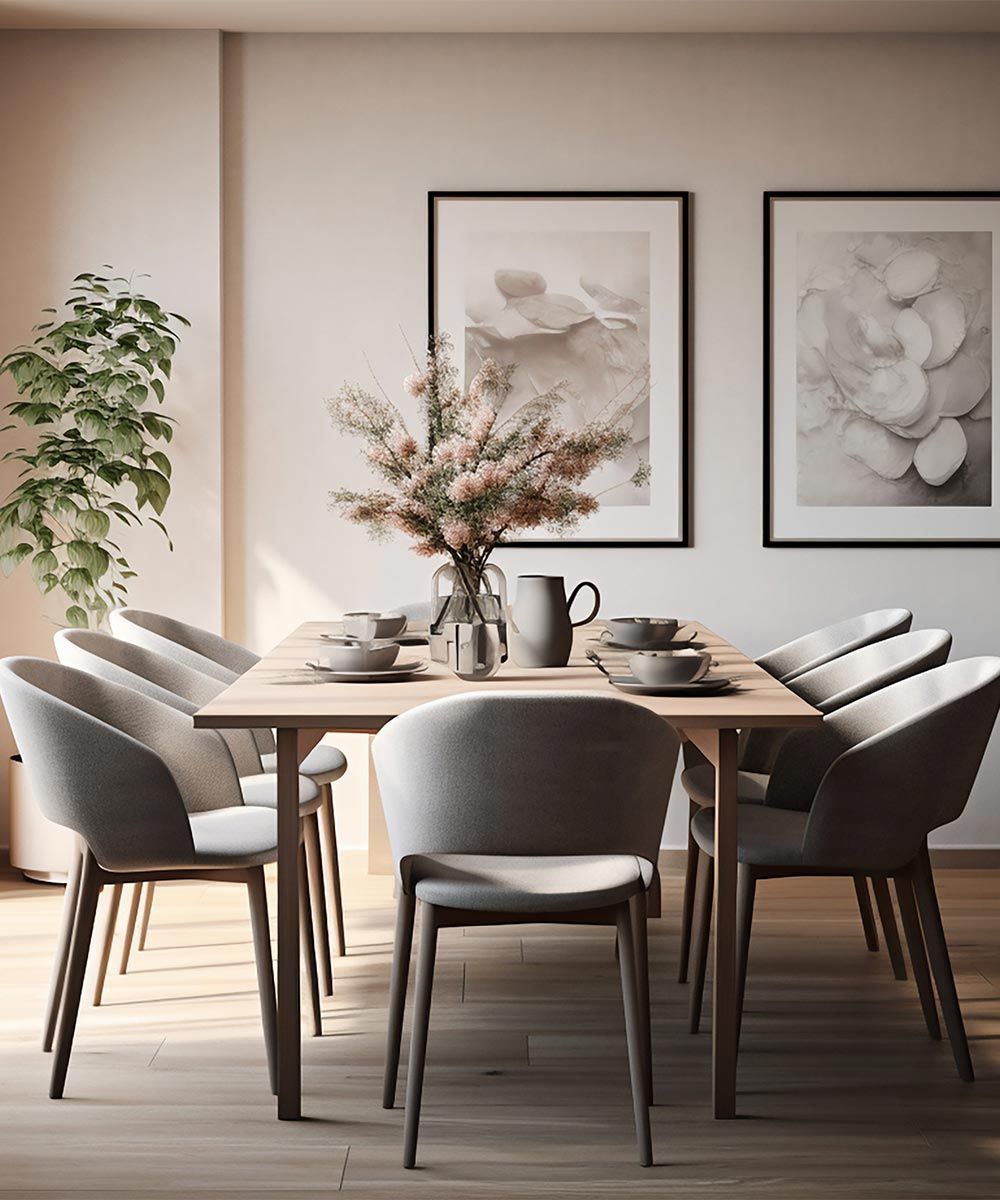 Un comedor con una mesa y sillas y un jarrón con flores encima.