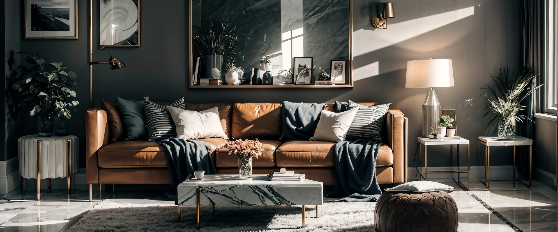 Una sala de estar con un sofá marrón y una mesa de café blanca.