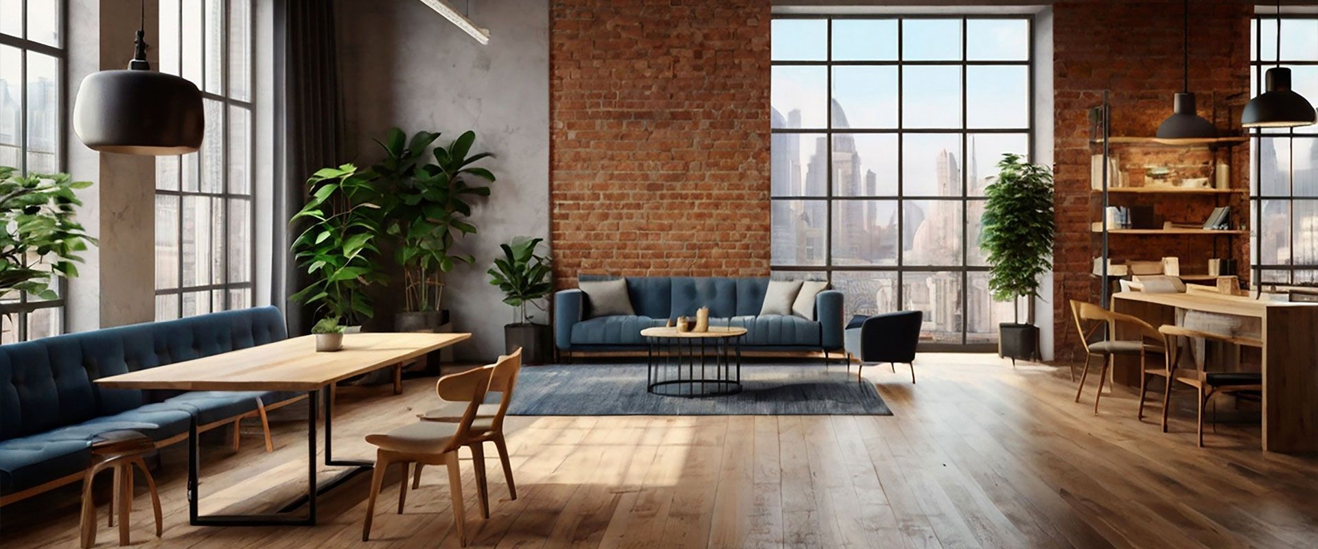 Una sala de estar con un sofá, mesa, sillas y una gran ventana.