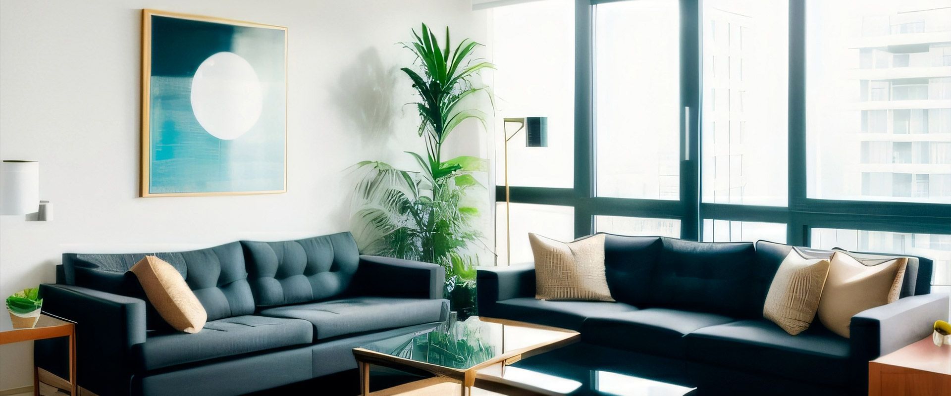 Una sala de estar con dos sofás, una mesa de café y una ventana grande.