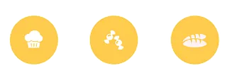 Un conjunto de tres círculos amarillos con iconos blancos sobre ellos.