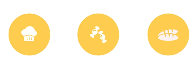 Un conjunto de tres círculos amarillos con iconos blancos sobre ellos.