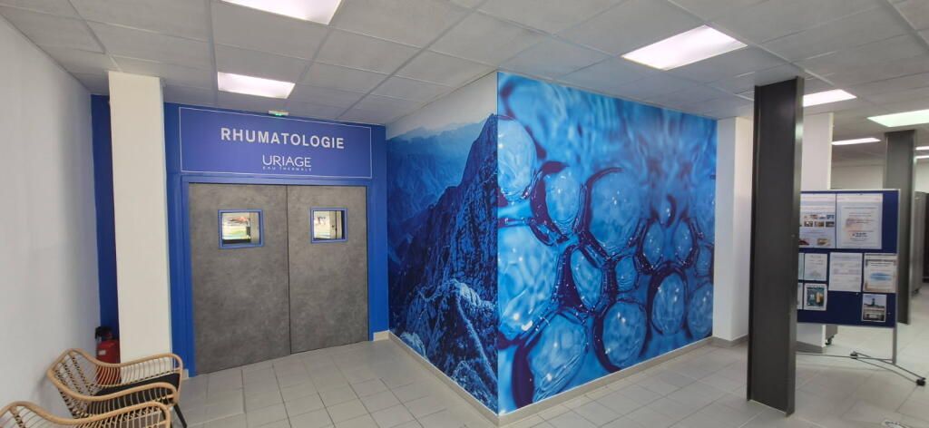 Une salle d'attente avec une double porte portant l'inscription Rhumatologie et un mur orné d'une grande fresque florale abstraite bleue.