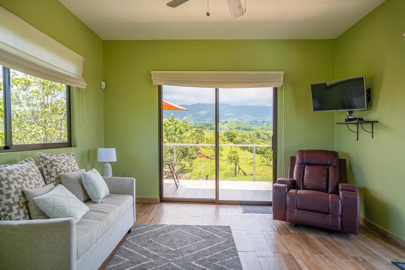 Bright living room with green walls, sofa, recliner, wall TV, and sliding doors to a mountain view.