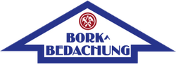 Das Logo von BORK BEDACHUNG ist in Blau und Rot gehalten und hat die Form einer Dachkontur.