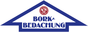 Das Logo von BORK BEDACHUNG ist in Blau und Rot gehalten und hat die Form einer Dachkontur.