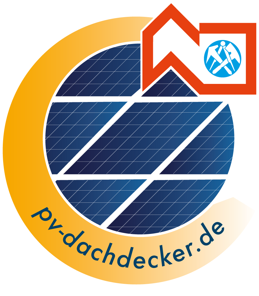 PV-dachdecker.de-Logo mit blauen Solarzellen, orangefarbener Dachkontur und kreisförmigem orangefarbenem Rand
