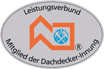 Ovales Logo des deutschen Handwerksverbands mit orangefarbenem Dachsymbol und blauem Arbeitersymbol auf grauem Hintergrund