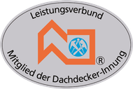Ovales Logo des deutschen Handwerksverbands mit orangefarbenem Dachsymbol und blauem Arbeitersymbol auf grauem Hintergrund