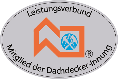 Ovales Logo des deutschen Handwerksverbands mit orangefarbenem Dachsymbol und blauem Arbeitersymbol auf grauem Hintergrund