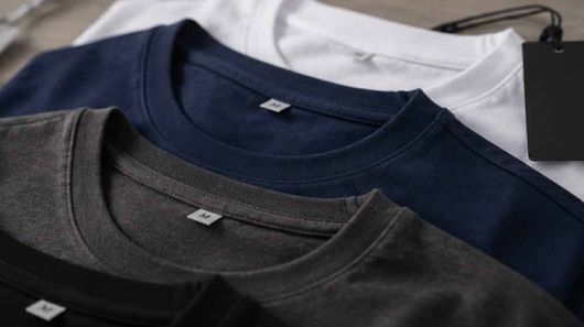 Dunkelgraue, marineblaue und weiße T-Shirts hängen gestapelt auf Kleiderbügeln, von oben betrachtet.