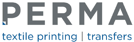 PERMA-Logo mit grauem und blauem Text „Textildruck | Transfers“