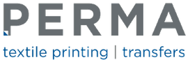 PERMA-Logo mit grauem und blauem Text „Textildruck | Transfers“