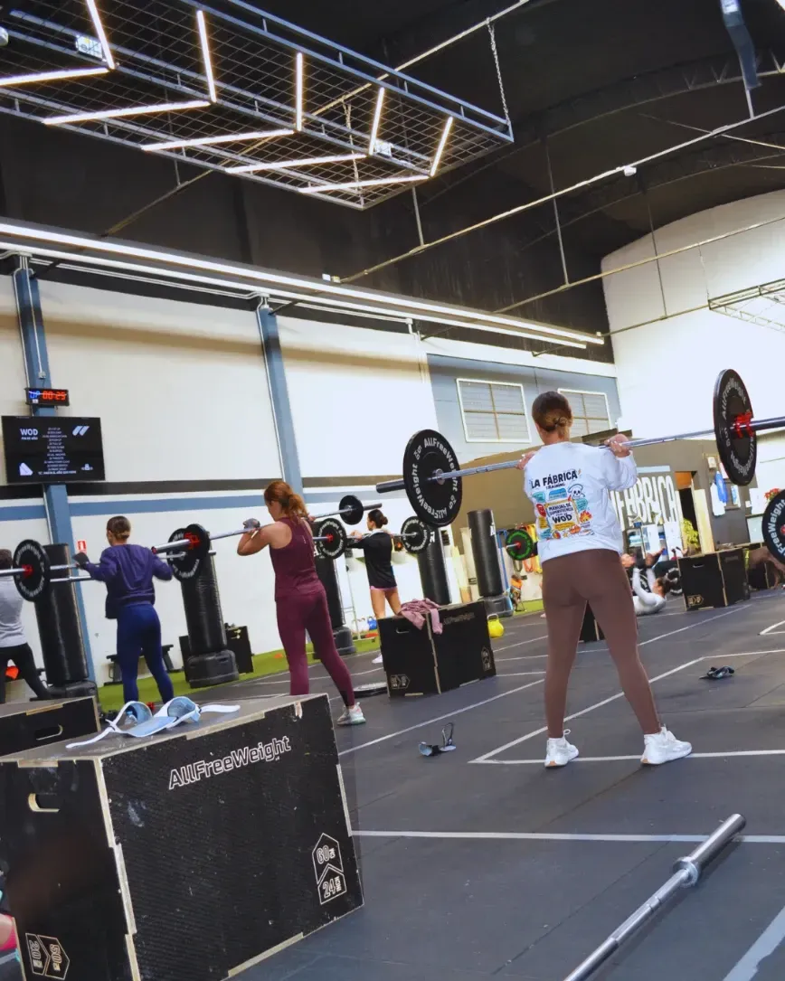 Gente levantando pesas en un gimnasio. Paredes blancas, pesas negras, cajas de madera e iluminación cenital.