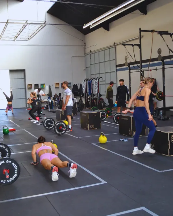 Personas haciendo ejercicio en un gimnasio con pesas, cajas y barras de dominadas. Están espaciados en el suelo.