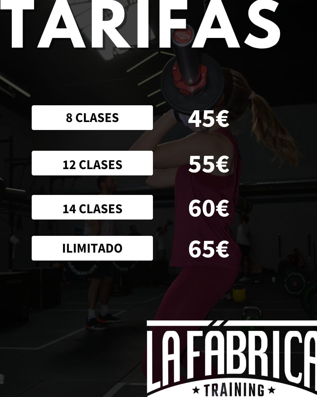 Lista de precios de ENTRENAMIENTO LA FÁBRICA, incluye clases de 8, 12, 14 y ilimitadas, con persona levantando pesas.