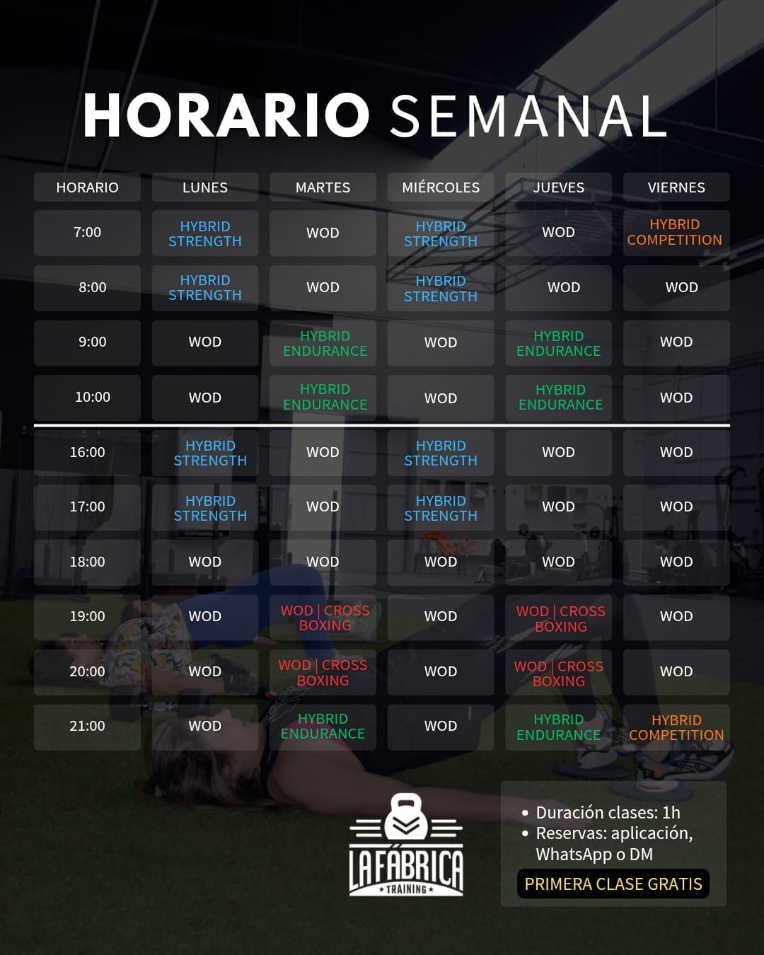 Horario semanal de entrenamiento en español. Clases ordenadas por día y hora. Incluye el logo de 