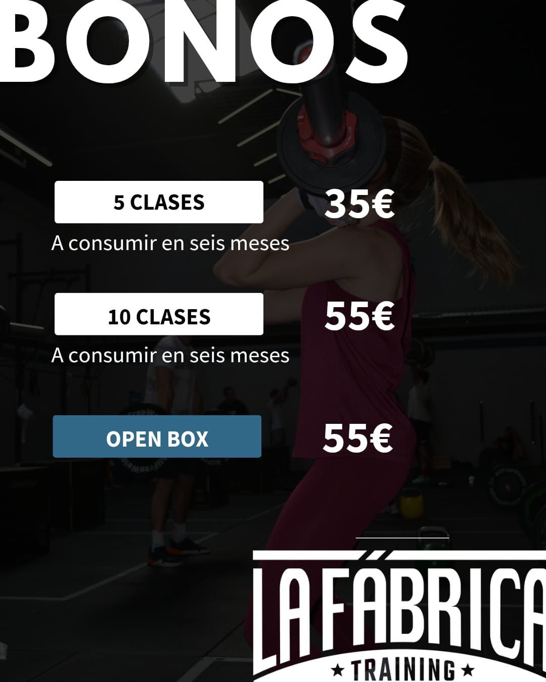 5 clases por 35€, 10 clases por 55€ y open box por 55€, todos con un periodo de consumo de seis meses.