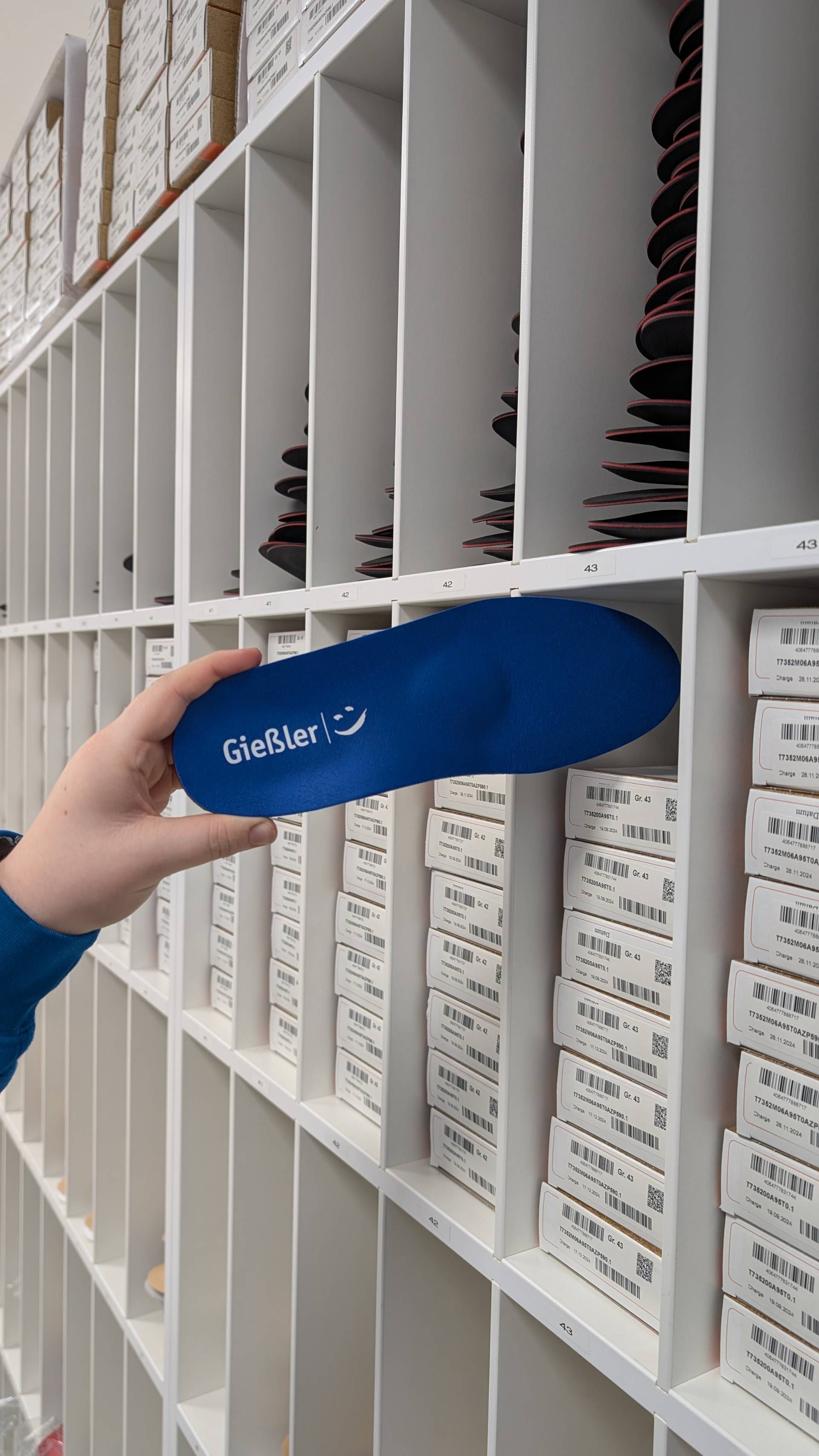 Hand hält blauen Einlegesohlen mit weißem Schriftzug 'Gießler' vor Regalfächern mit Schuhkartons
