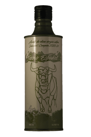 Una botella de aceite de oliva virgen extra con un toro en la etiqueta.