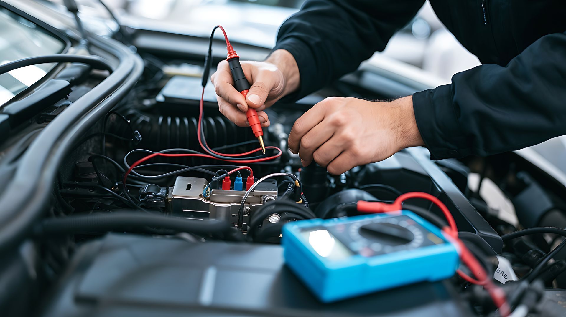 Un mécanicien teste le câblage du moteur d’une voiture avec un multimètre sous le capot.