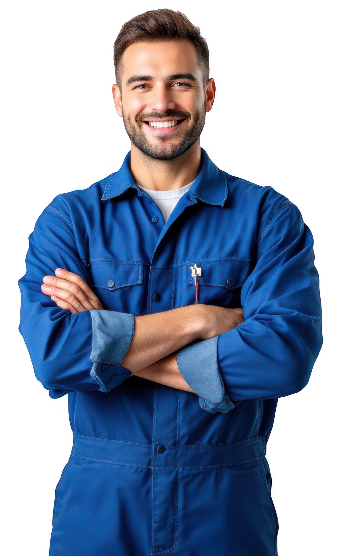 Un travailleur souriant en combinaison bleue, les bras croisés.